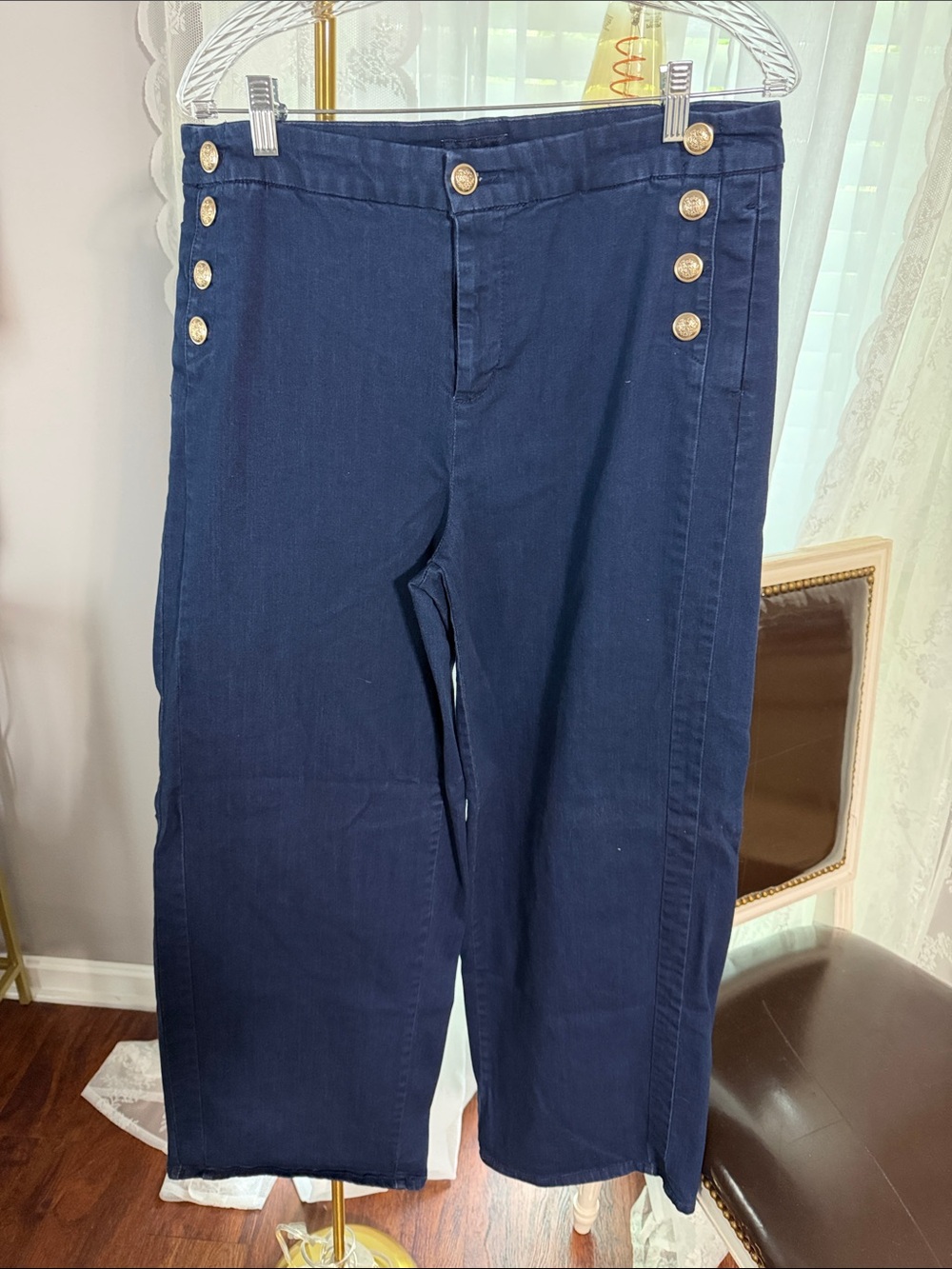 Charter Club Navy Wide Leg Flare Jeans with Gold Buttons
